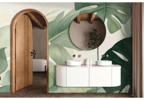 Carta da parati foglie tropicali tonalità del verde tenui acquerello 2