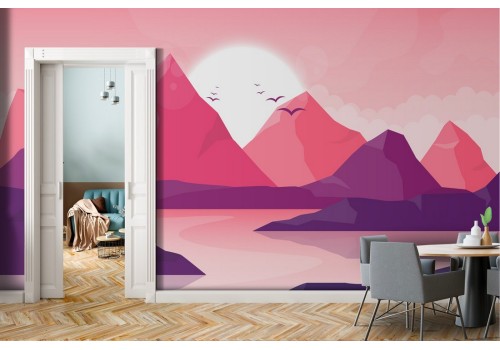 Wallpaper stylized landscape mountains with river