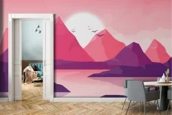 Wallpaper stylized landscape mountains with river