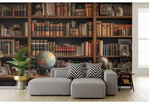 Carta da parati effetto libreria legno vintage