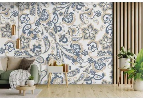 Carta da parati motivo paisley blu beige