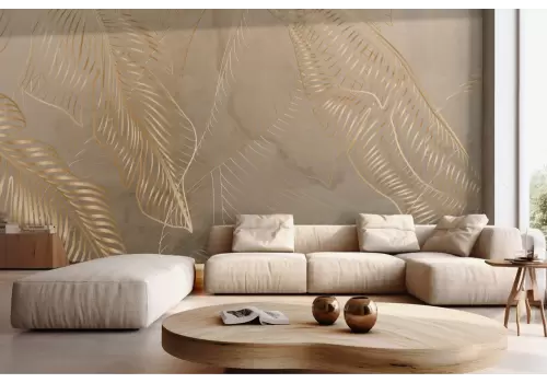Carta da parati foglie tropicali stilizzate oro su fondo beige