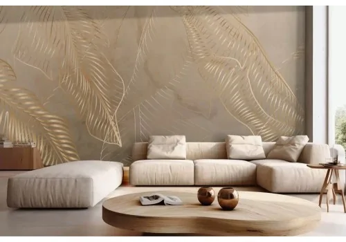 Carta da parati foglie tropicali oro su beige