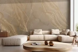 Carta da parati foglie tropicali stilizzate oro su fondo beige