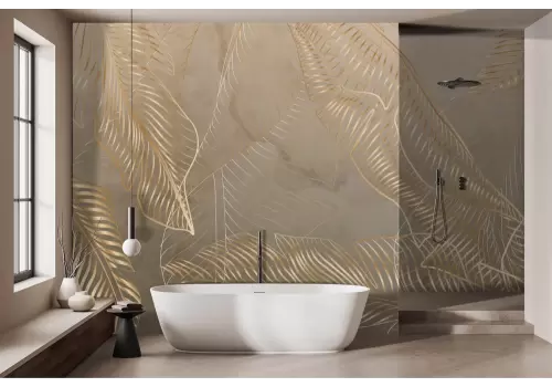 Carta da parati foglie tropicali stilizzate oro su fondo beige 2