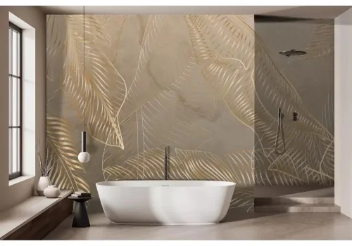 Carta da parati foglie tropicali stilizzate oro su fondo beige 2
