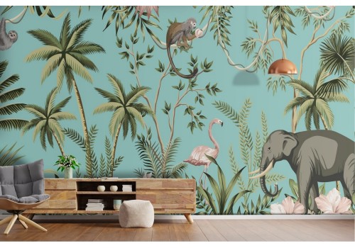 Abstract tropical forest wallpaper with animals and flowers