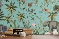 Carta da Parati foresta tropicale astratta con animali e fiori