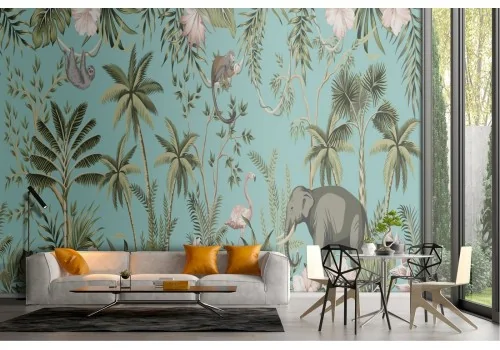 Abstract tropical forest wallpaper with animals and flowers 2