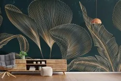 Crea un'atmosfera lussuosa con questa carta da parati foglie tropicali oro