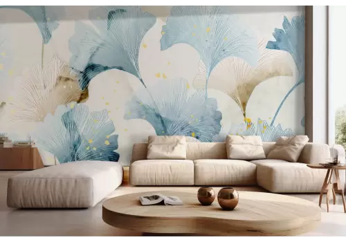 Carta da parati fiori stilizzati celeste e beige