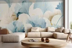 Carta da parati fiori stilizzati celeste e beige