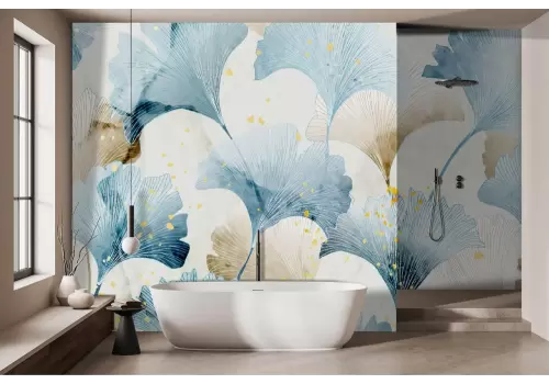 Carta da parati fiori stilizzati celeste e beige 2