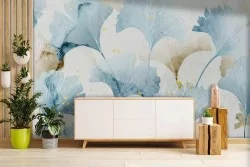 Decorazioni murali stile botanico in azzurro e beige