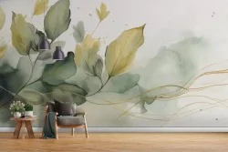 Carta da parati foglie delicate acquerello