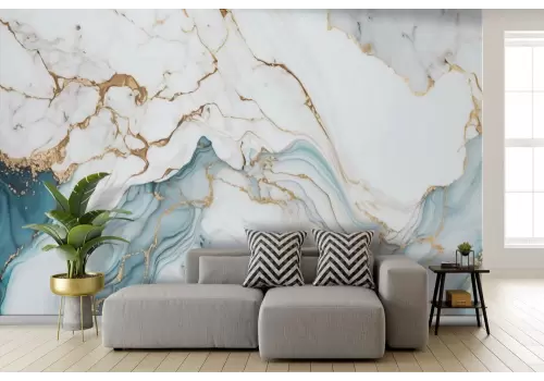 Carta da parati marmo bianco e azzurro con dettagli oro