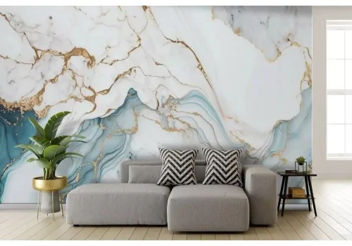 Carta da parati effetto marmo bianco azzurro oro