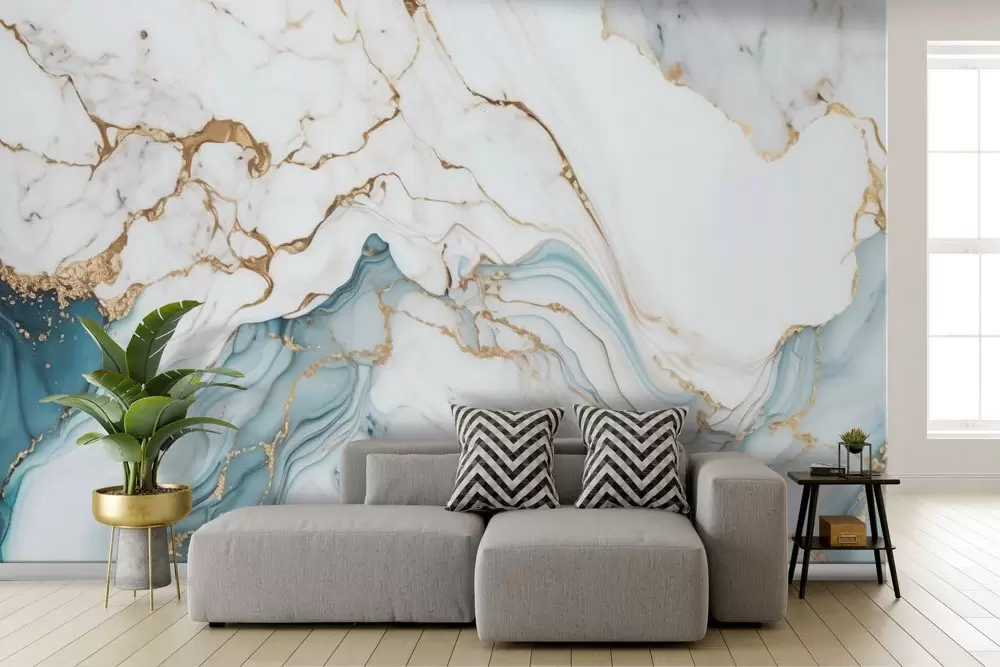 Carta da parati marmo bianco e azzurro con dettagli oro