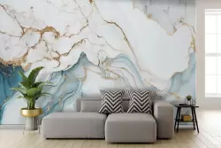 Carta da parati marmo bianco e azzurro con dettagli oro Carta da parati marmo bianco e azzurro con dettagli oro