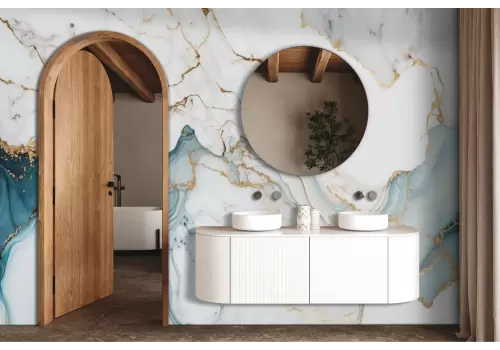 Carta da parati marmo bianco e azzurro con dettagli oro 2