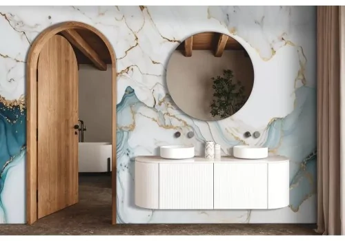 Carta da parati marmo bianco e azzurro con dettagli oro 2