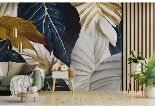 Carta da parati foglie con venature oro