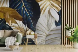 Carta da parati foglie eleganti con venature oro