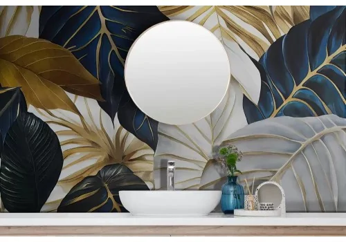 Carta da parati foglie eleganti con venature oro 2