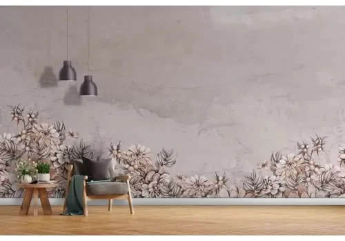 Carta da parati floreale effetto cemento