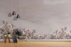 Carta da parati fiori romantici su sfondo effetto cemento