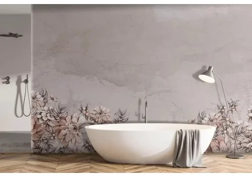 Carta da parati fiori romantici su sfondo effetto cemento 2