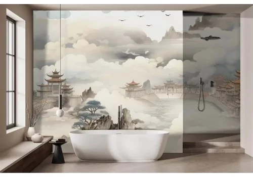 Carta da parati paesaggio orientale acquerello