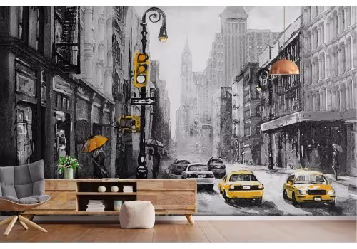 New York City Taxi Modern Painted Wallpaper