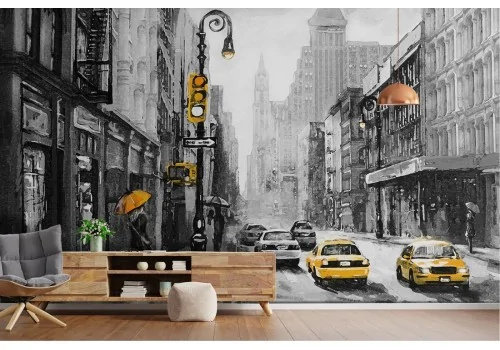 New York City Taxi Modern Painted Wallpaper