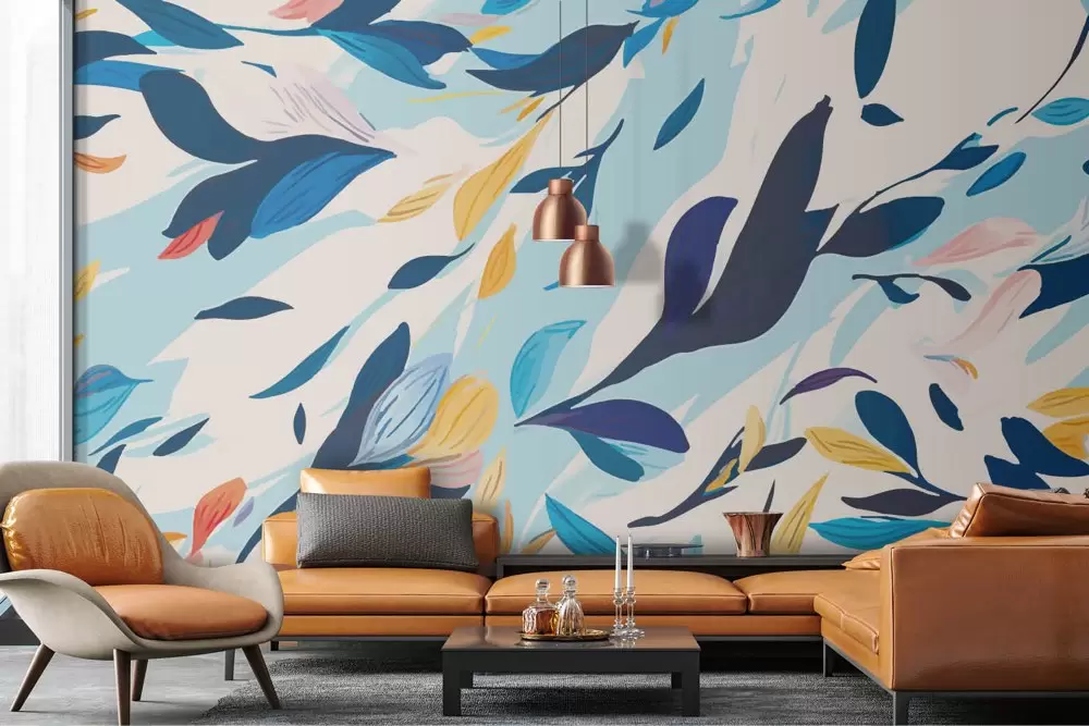 Carta da parati con foglie astratte per soggiorno dinamico