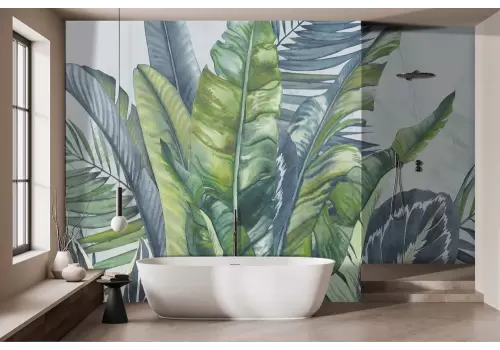 Carta da parati foglie rigogliose verdi e blu