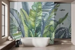 Carta da parati foglie rigogliose verdi e blu