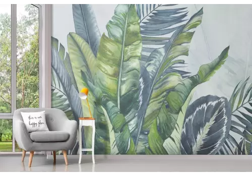Carta da parati foglie rigogliose verdi e blu 2