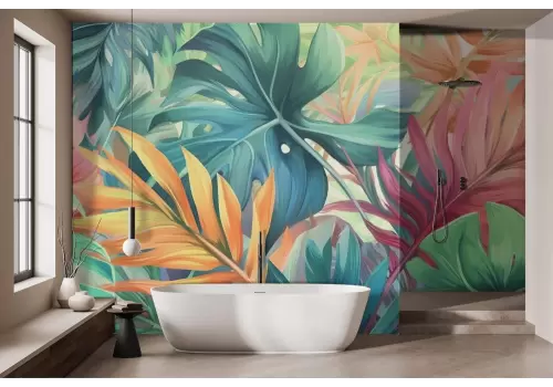 Carta da parati foglie tropicali colorate e vivaci