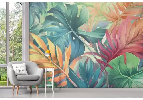 Carta da parati foglie tropicali colorate e vivaci 2