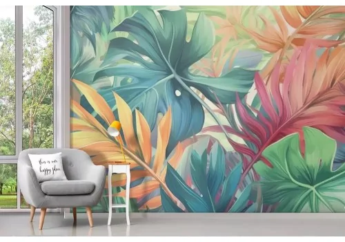 Carta da parati foglie tropicali colorate e vivaci 2