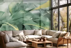 Carta da parati foglie verdi astratte con dettagli oro