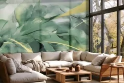 Carta da parati foglie verdi astratte con dettagli oro