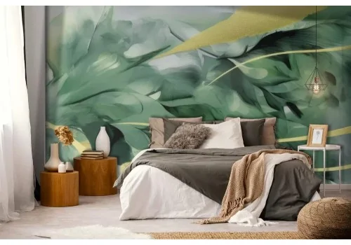 Carta da parati foglie verdi astratte con dettagli oro 2