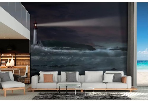 Wallpaper illustration of a lighthouse in a stormy sea and wall stickers