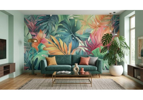 Carta da parati foglie tropicali, colorate e vivaci