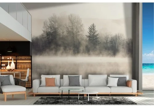 Carta da Parati lago con foresta paesaggio grigio