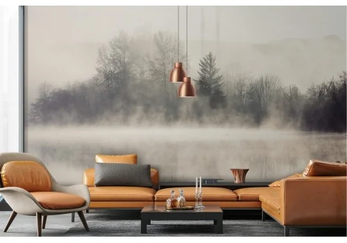 Carta da Parati lago con foresta paesaggio grigio 2