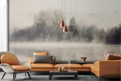 Carta da Parati lago con foresta paesaggio grigio