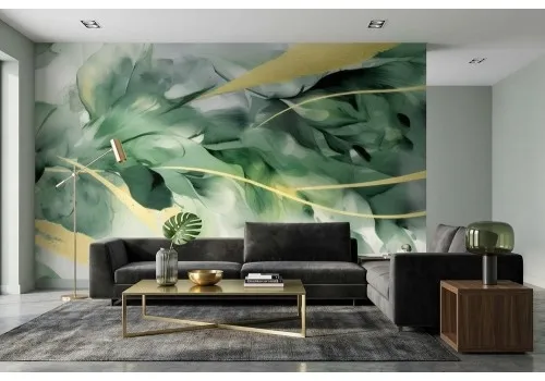 Carta da parati foglie verdi con oro